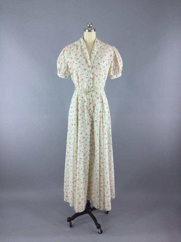 Vintage 1940s White Floral Print Maxi Dress - ThisBlueBird
