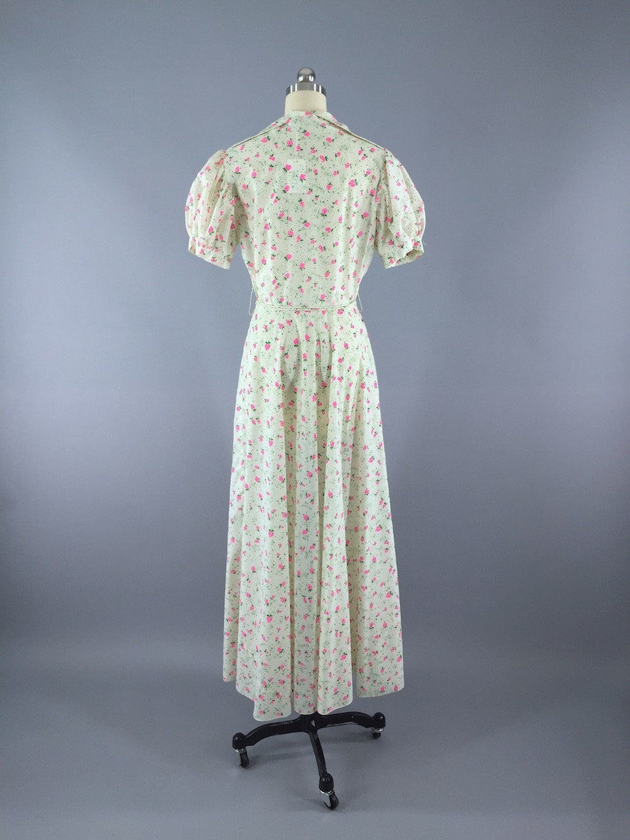 Vintage 1940s White Floral Print Maxi Dress - ThisBlueBird