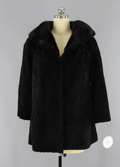 Vintage 1950s-1960s Curly Lamb Fur Coat with Mink Collar - ThisBlueBird