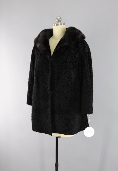 Vintage 1950s-1960s Curly Lamb Fur Coat with Mink Collar - ThisBlueBird