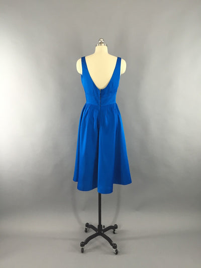 Vintage 1950s - 1960s Electric Blue Matte Satin Party Dress - ThisBlueBird