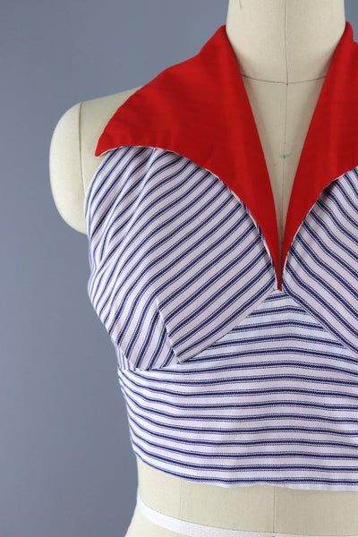 Vintage 1950s - 1960s Halter Top / Nautical Red, White & Blue Striped Cotton - ThisBlueBird