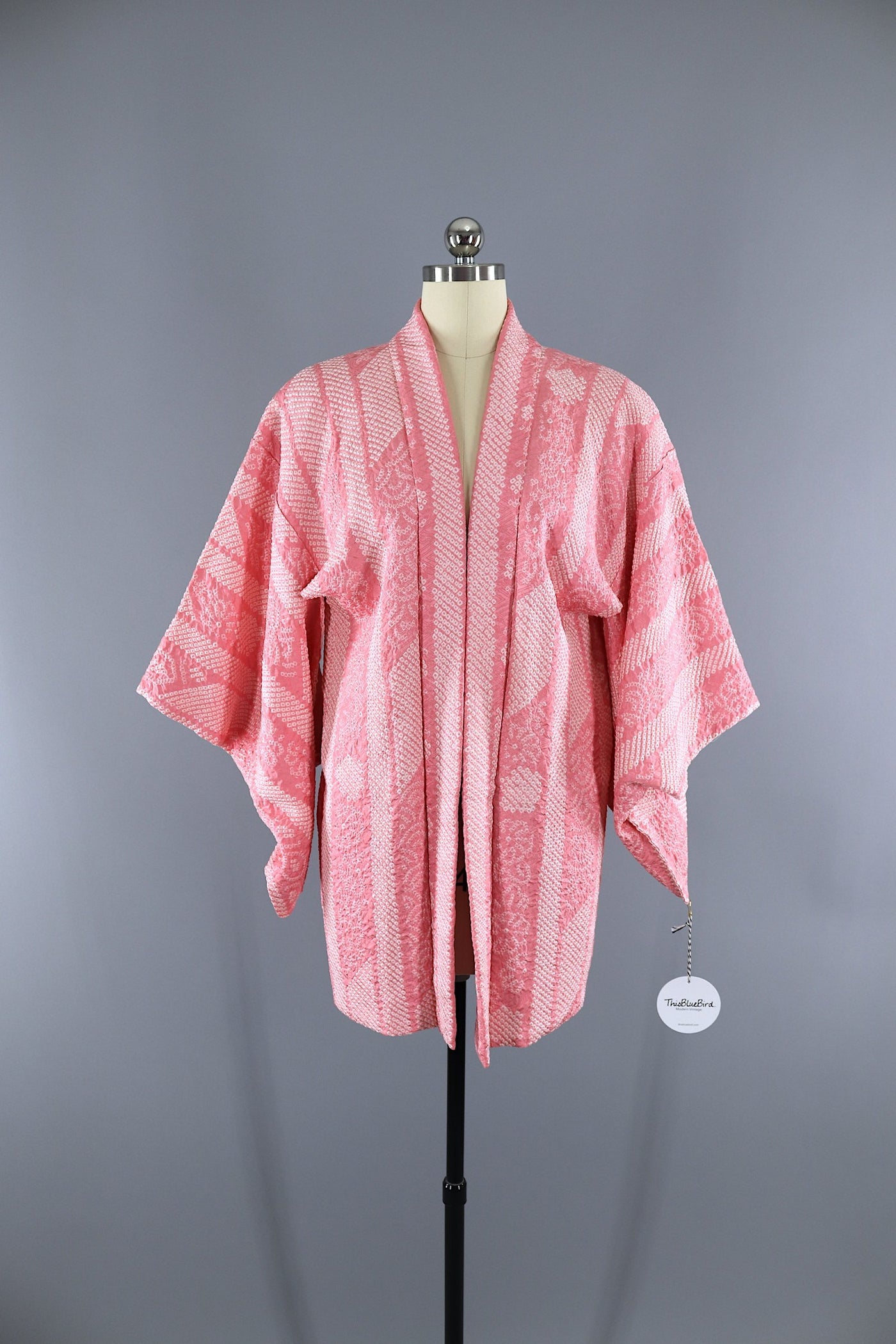 Vintage 1950s - 1960s Silk Kimono Jacket Cardigan / Pink & White Shibori - ThisBlueBird
