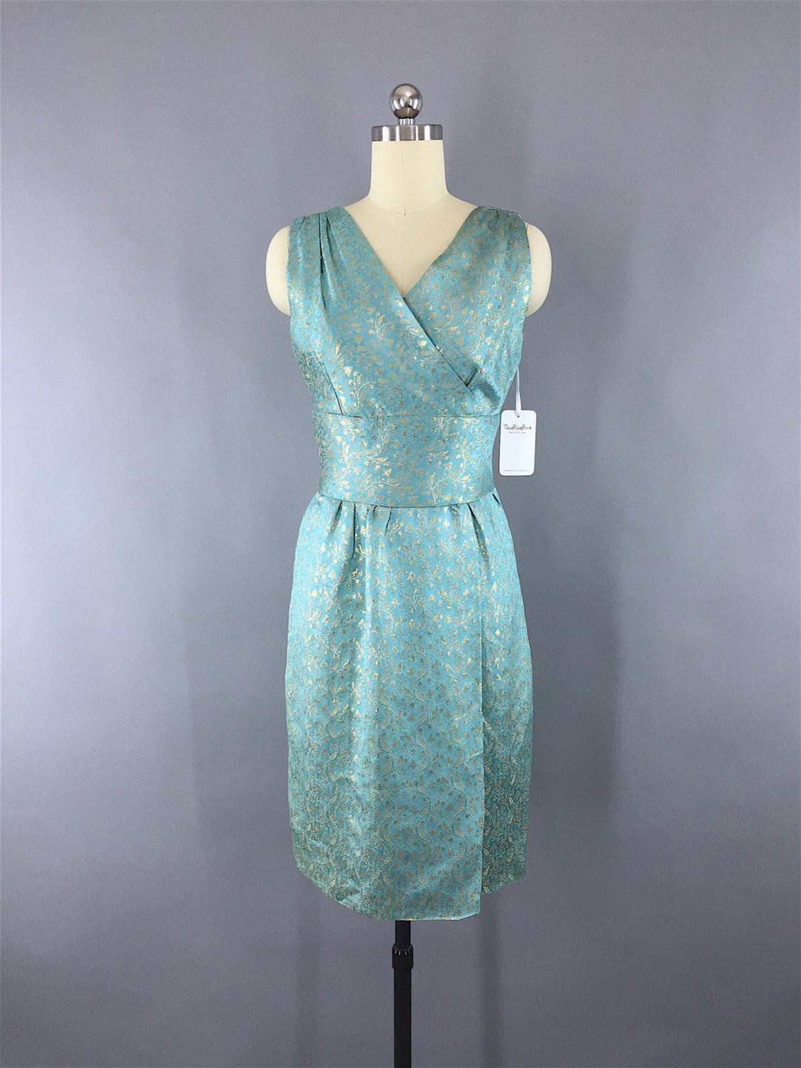 Vintage 1950s-60s Dress / Aqua Blue & Gold Brocade - ThisBlueBird