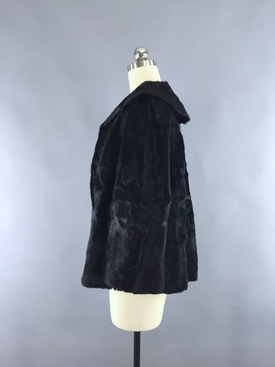 Vintage 1950s Black Fur Jacket Swing Coat - ThisBlueBird