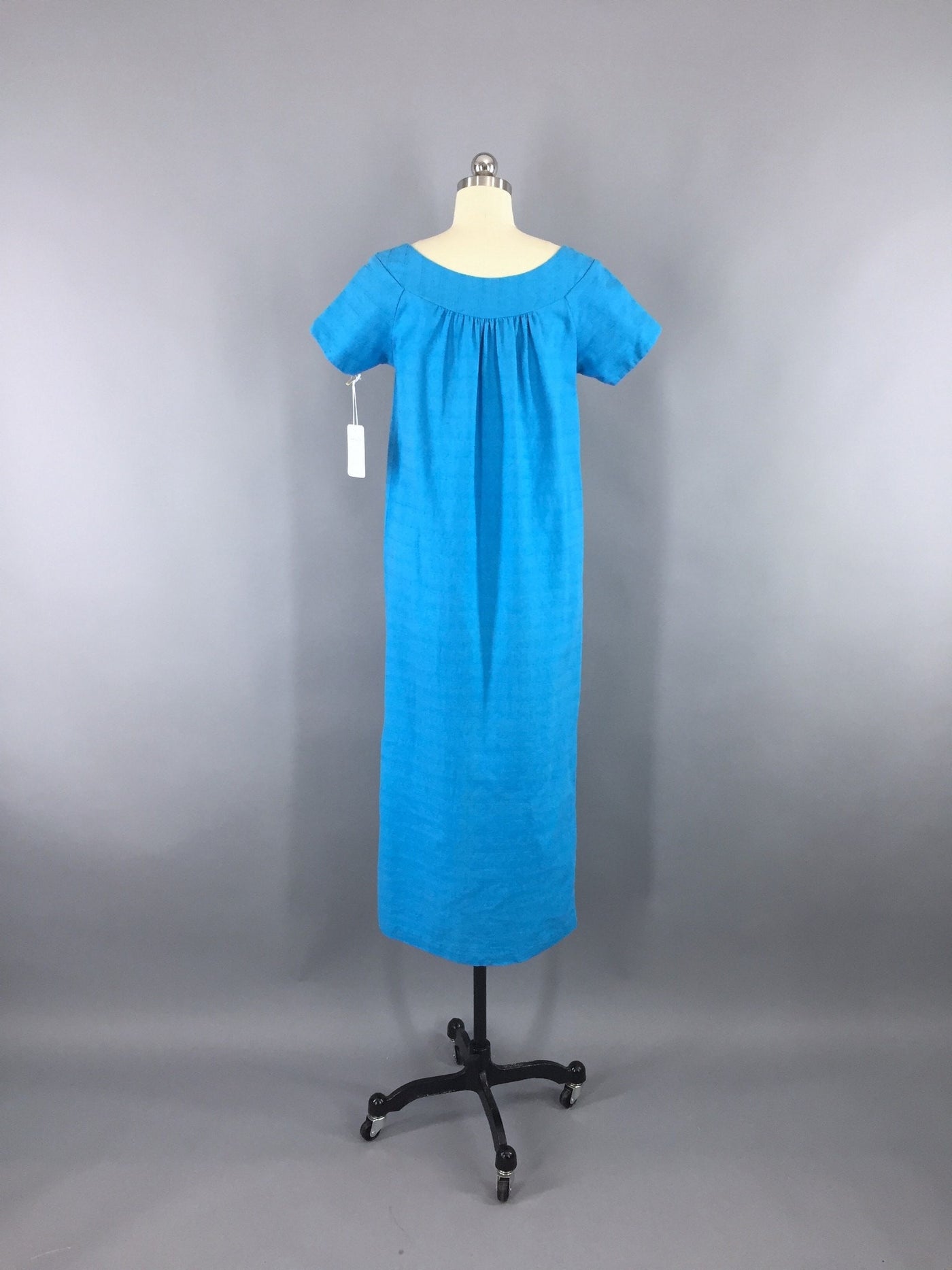 Vintage 1950s Blue Cotton Floral Hawaiian Maxi Dress - ThisBlueBird