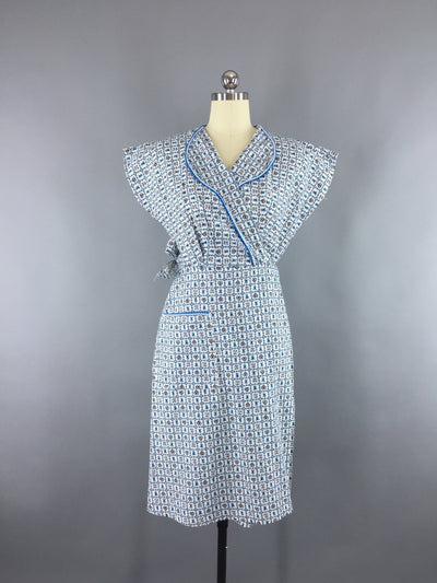Vintage 1950s Blue Cotton Novelty Print Wrap Dress - ThisBlueBird