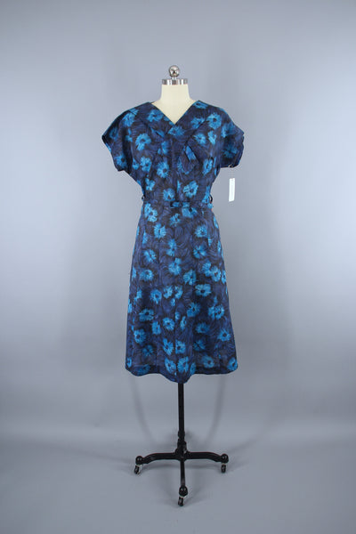 Vintage 1950s Blue Floral Print Day Dress - ThisBlueBird