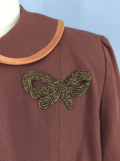 Vintage 1950s Brown Linen Jacket with Beaded Bow Appliqué - ThisBlueBird