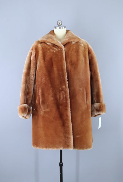 Vintage 1950s Caramel Tan Mouton Sheared Lamb Fur Coat - ThisBlueBird