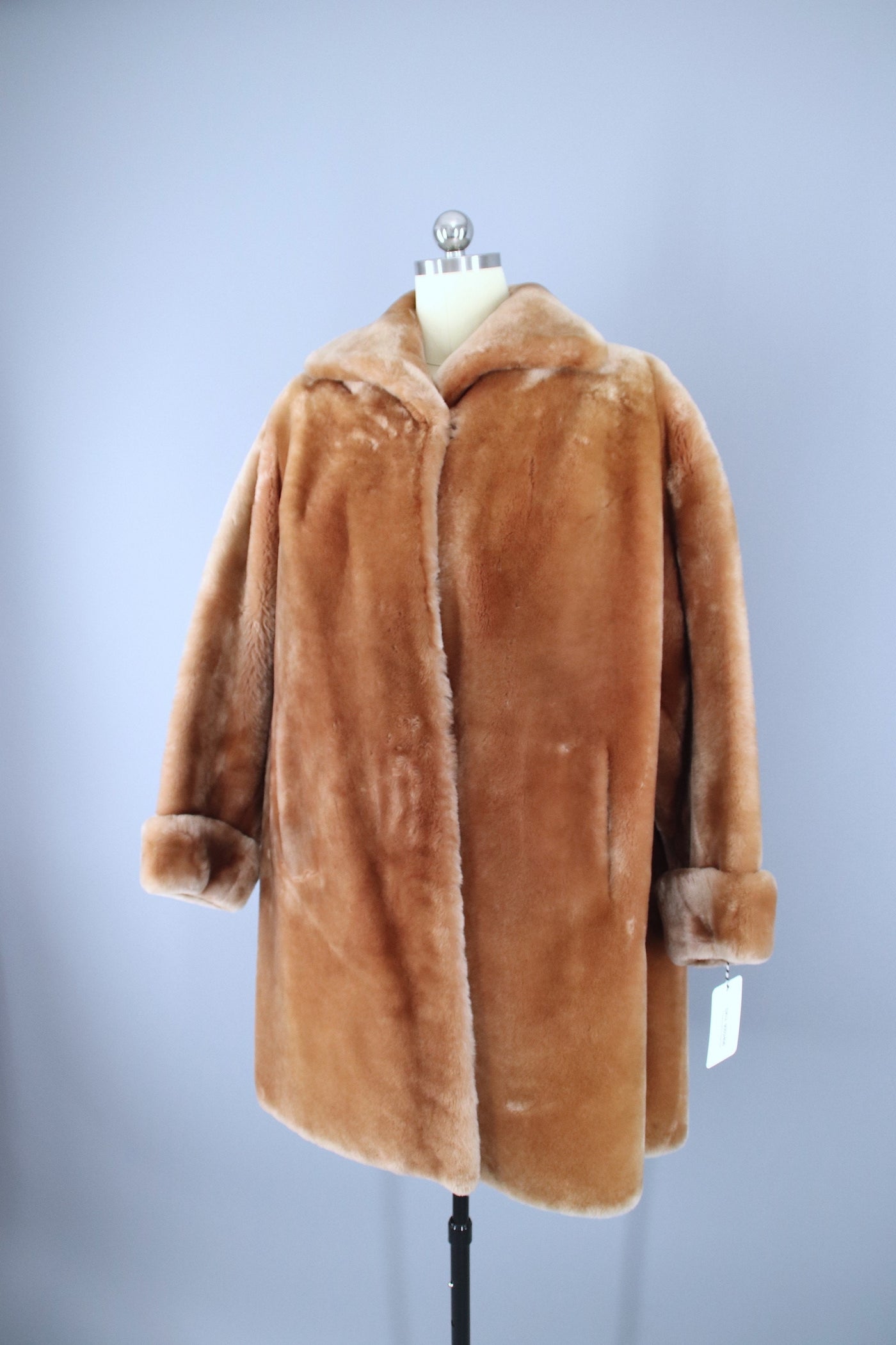 Vintage 1950s Caramel Tan Mouton Sheared Lamb Fur Coat - ThisBlueBird