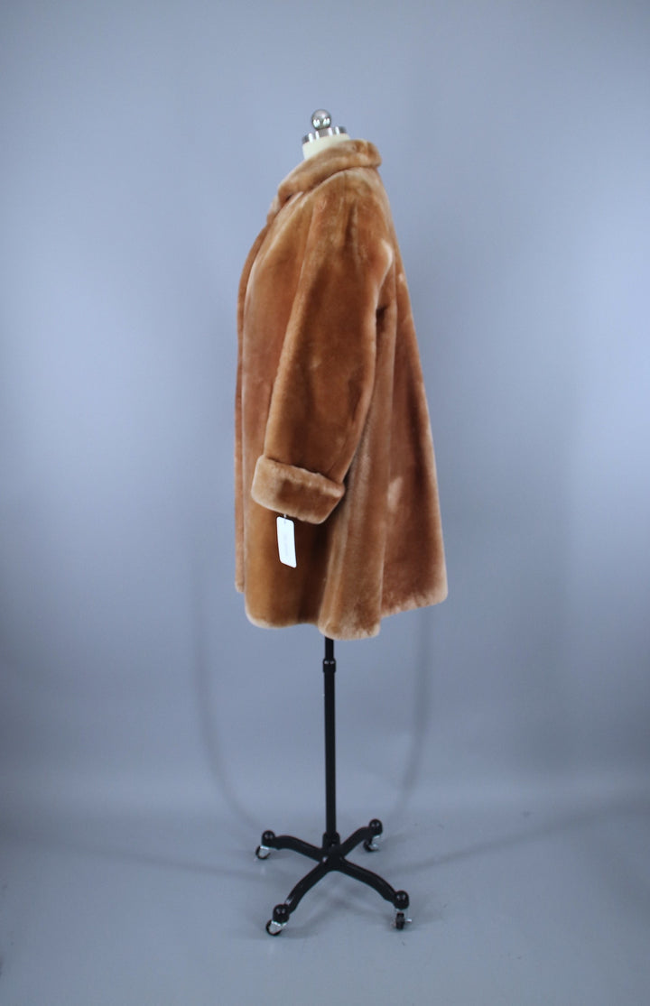 Vintage 1950s Caramel Tan Mouton Sheared Lamb Fur Coat - ThisBlueBird