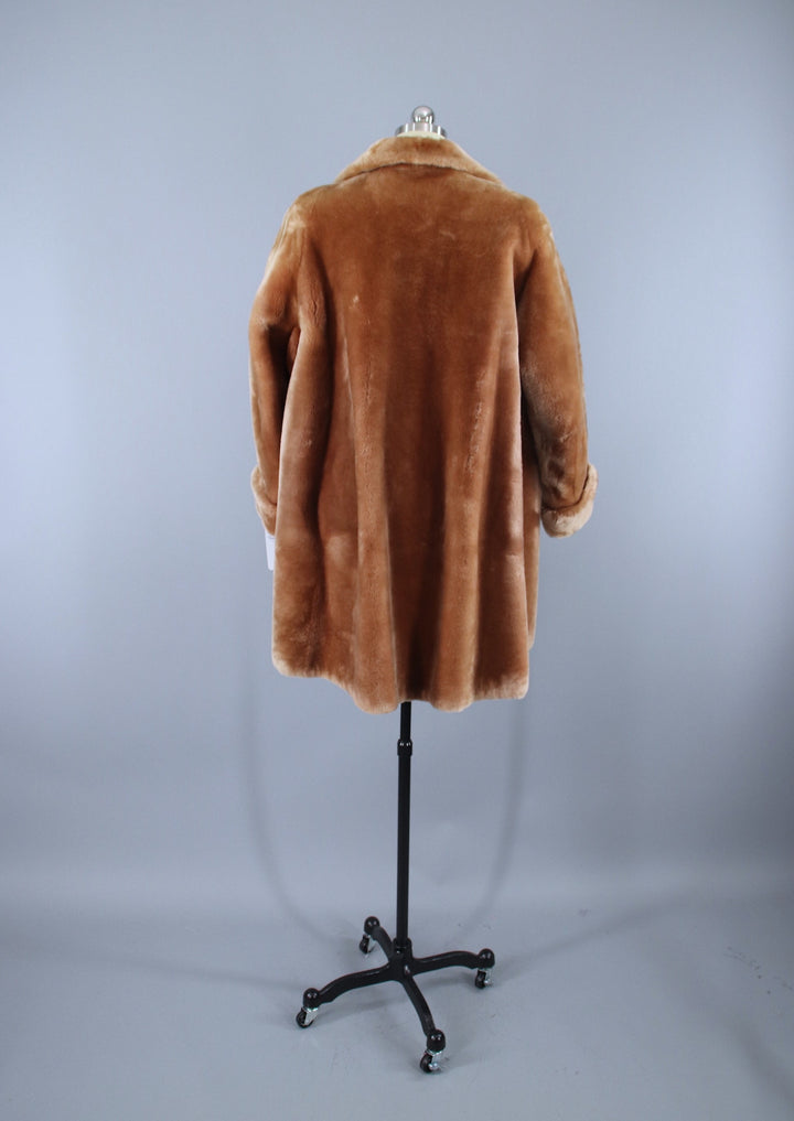 Vintage 1950s Caramel Tan Mouton Sheared Lamb Fur Coat - ThisBlueBird