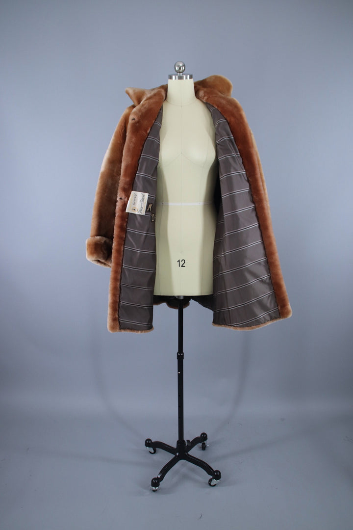Vintage 1950s Caramel Tan Mouton Sheared Lamb Fur Coat - ThisBlueBird