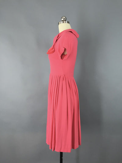 Vintage 1950s Coral Pink Wool Knit Day Dress - ThisBlueBird