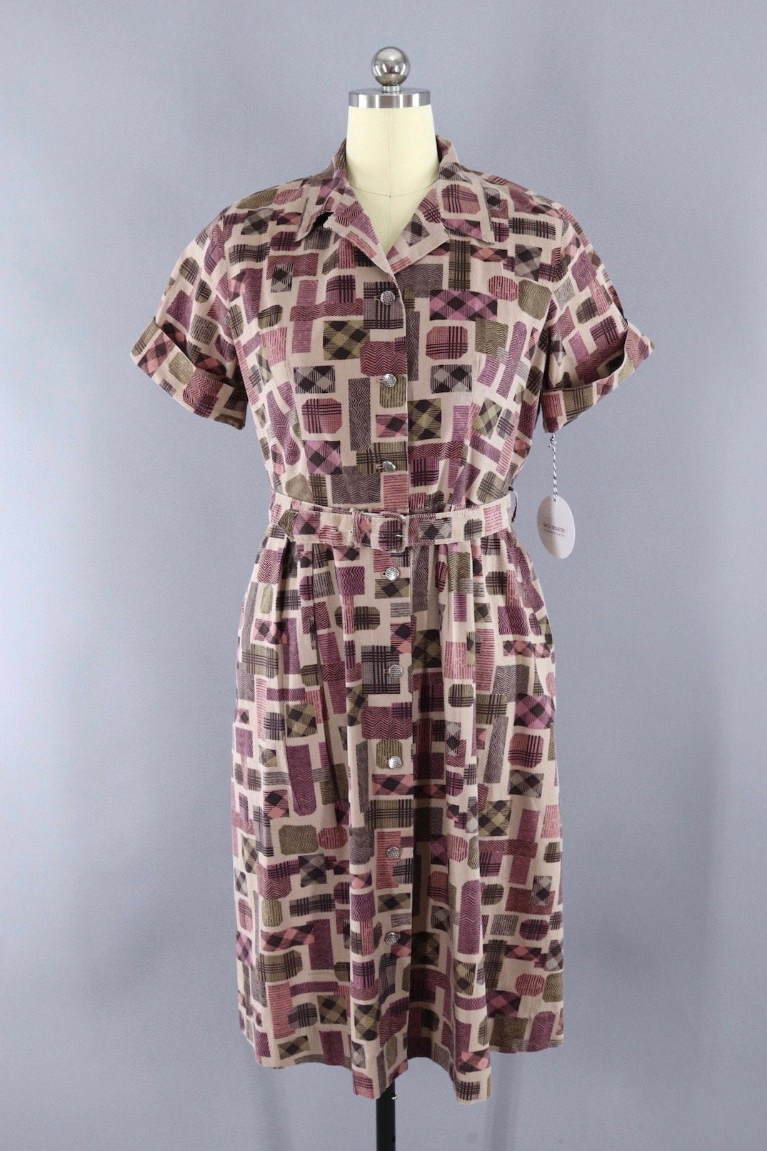 Vintage 1950s Cotton Day Dress / Pink and Tan Geometric Print - ThisBlueBird