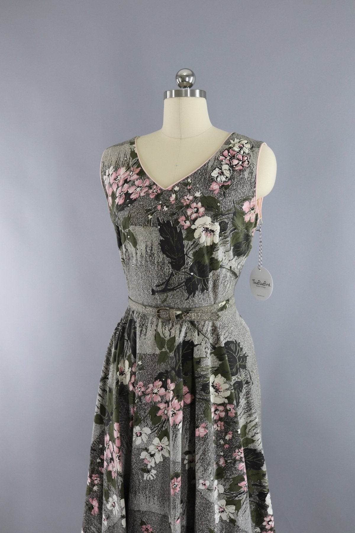 Vintage 1950s Cotton Sundress Olive Green & Pink Floral Print - ThisBlueBird