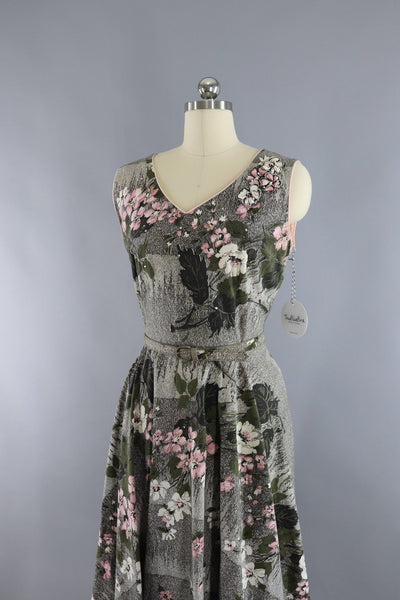 Vintage 1950s Cotton Sundress Olive Green & Pink Floral Print - ThisBlueBird