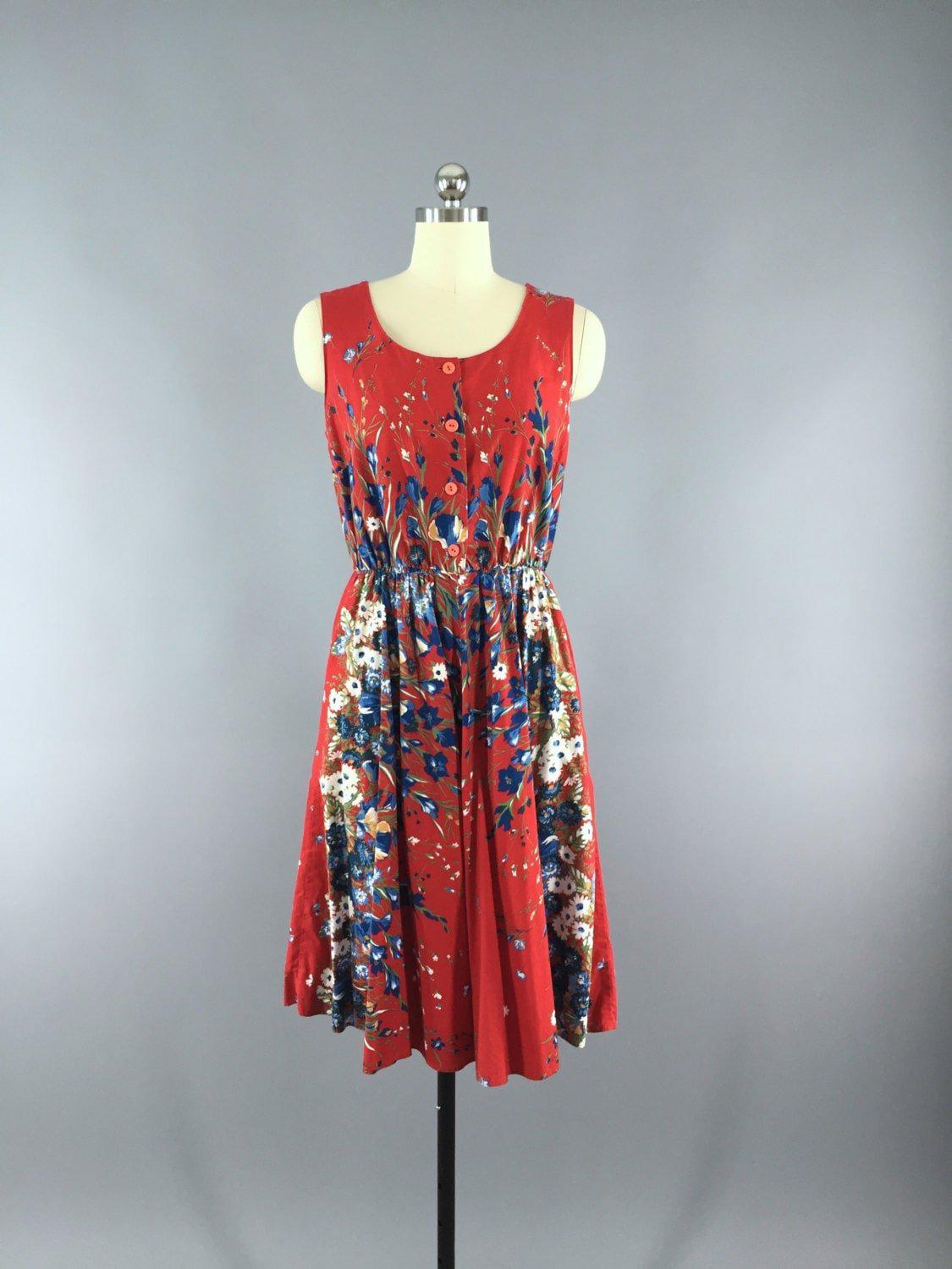 Vintage 1950s Cotton Sundress / Red Floral Print - ThisBlueBird