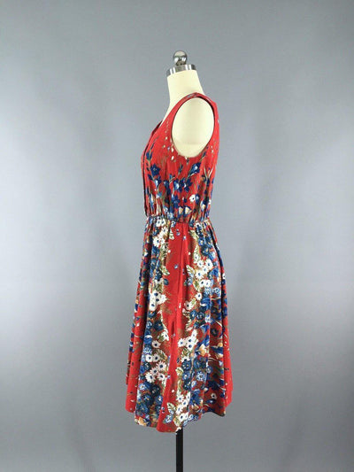 Vintage 1950s Cotton Sundress / Red Floral Print - ThisBlueBird