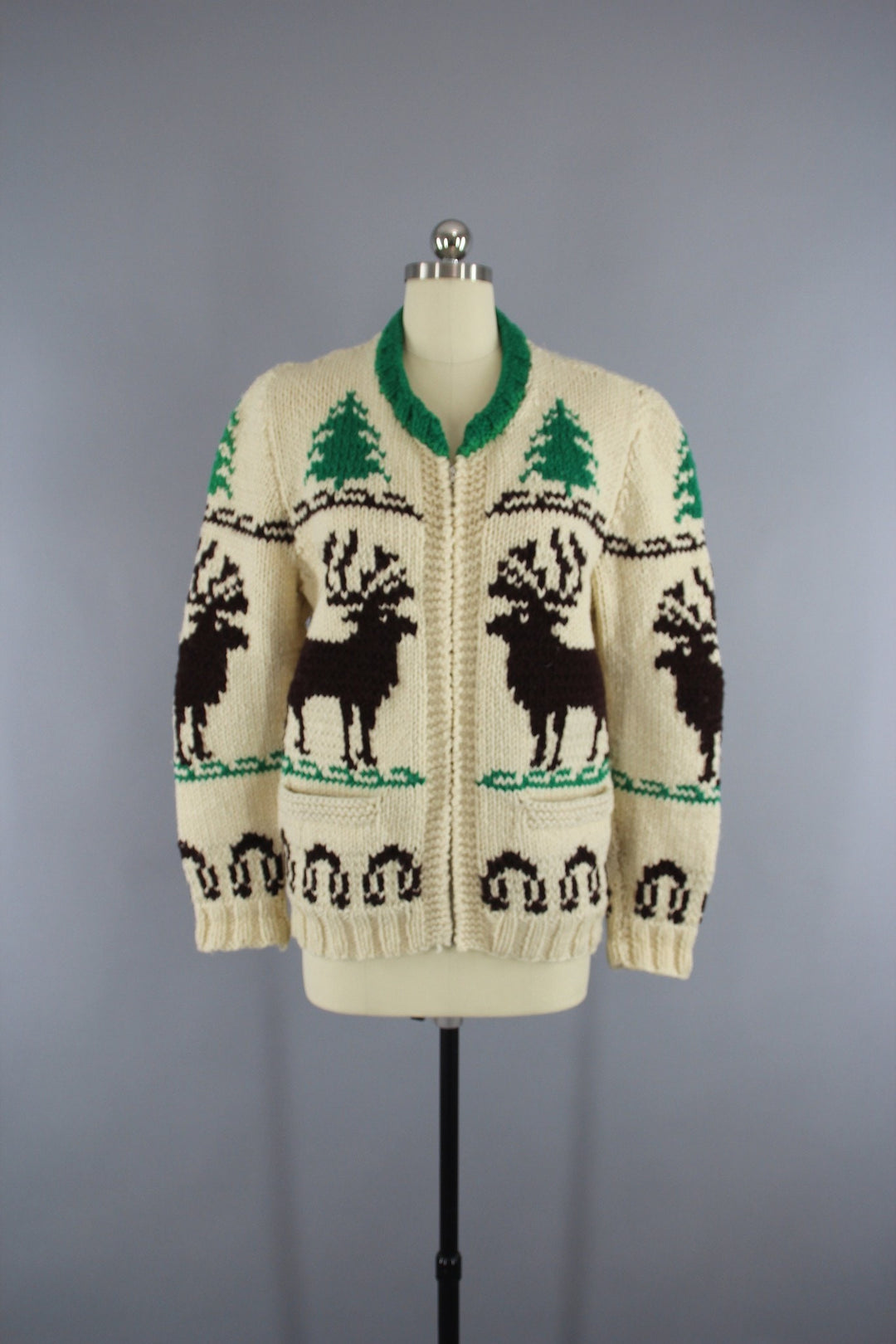 Vintage 1950s Cowichan Cardigan Sweater / Reindeer Deer / Holiday Snowflake Sweater - ThisBlueBird