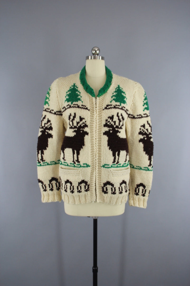 Vintage 1950s Cowichan Cardigan Sweater / Reindeer Deer / Holiday Snowflake Sweater - ThisBlueBird