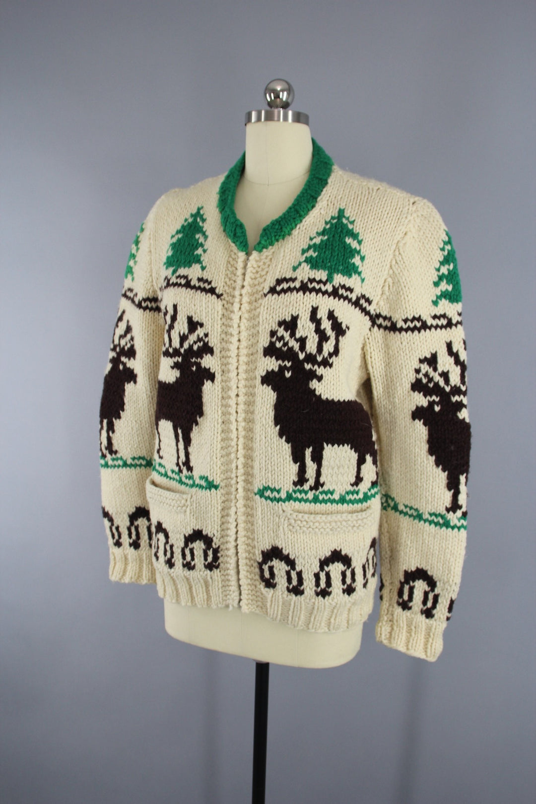 Vintage 1950s Cowichan Cardigan Sweater / Reindeer Deer / Holiday Snowflake Sweater - ThisBlueBird