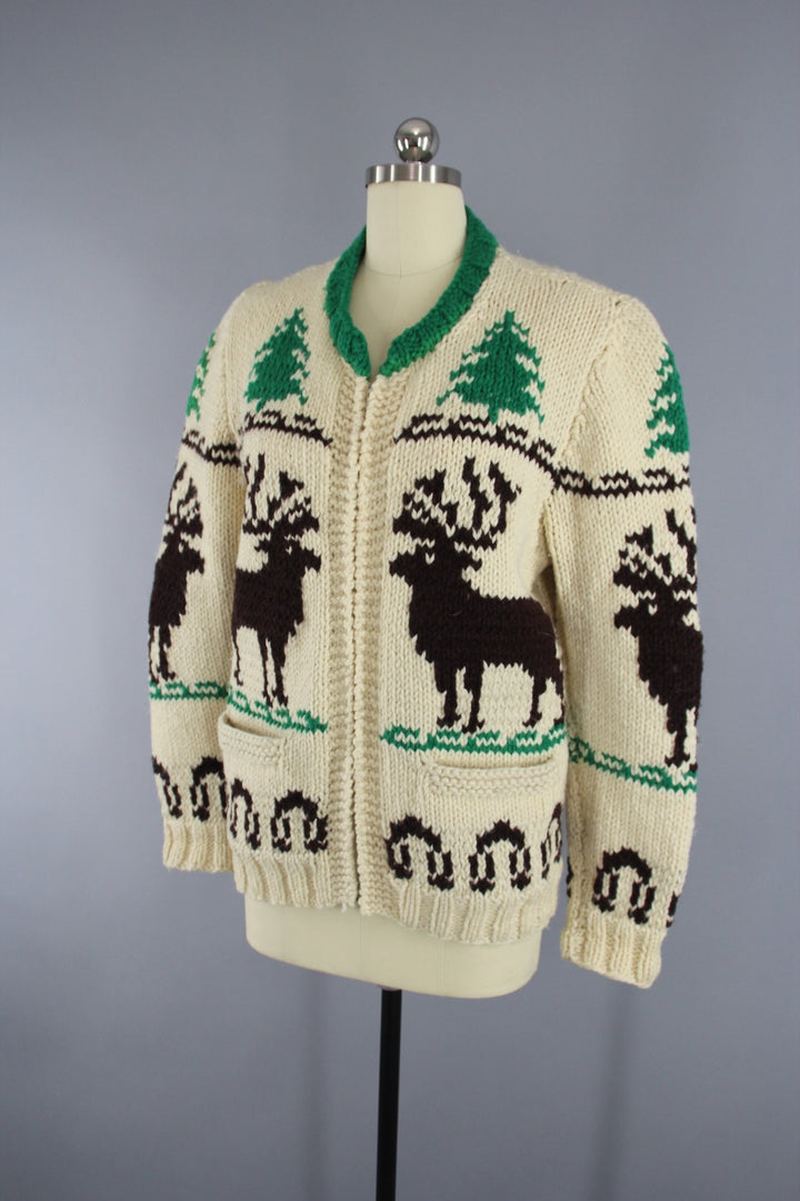 Vintage 1950s Cowichan Cardigan Sweater / Reindeer Deer / Holiday Snowflake Sweater - ThisBlueBird