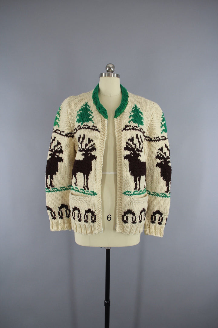Vintage 1950s Cowichan Cardigan Sweater / Reindeer Deer / Holiday Snowflake Sweater - ThisBlueBird