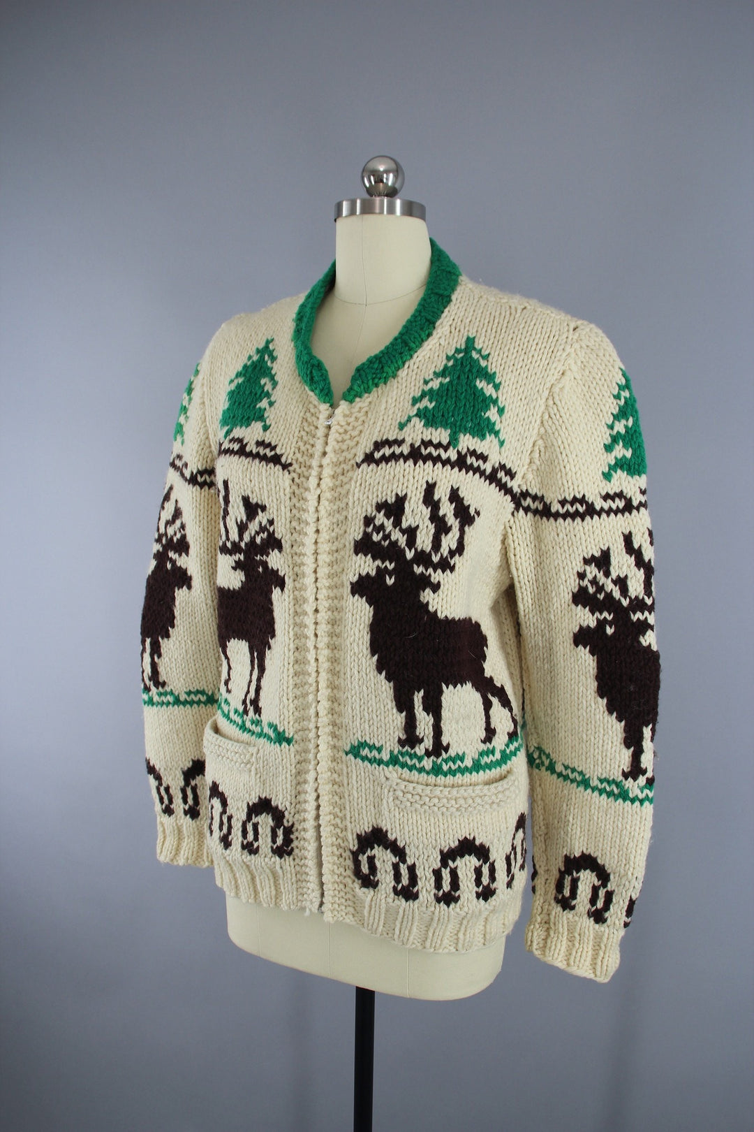 Vintage 1950s Cowichan Cardigan Sweater / Reindeer Deer / Holiday Snowflake Sweater - ThisBlueBird