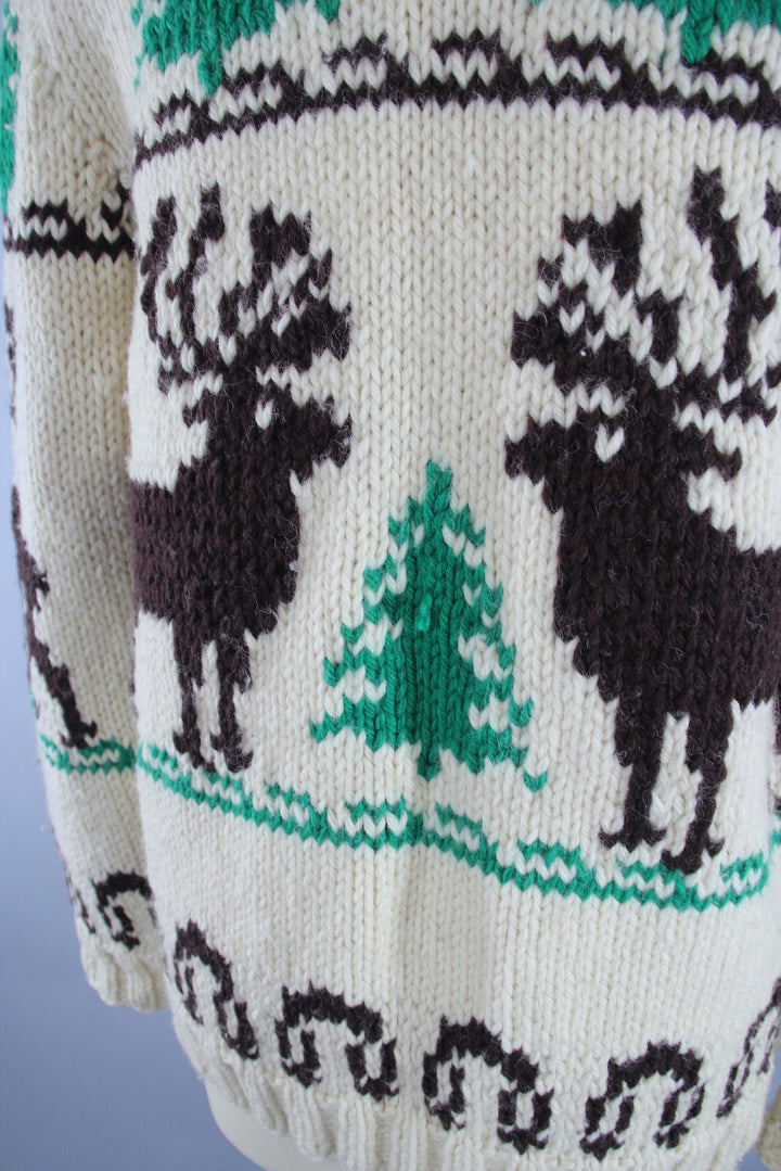 Vintage 1950s Cowichan Cardigan Sweater / Reindeer Deer / Holiday Snowflake Sweater - ThisBlueBird