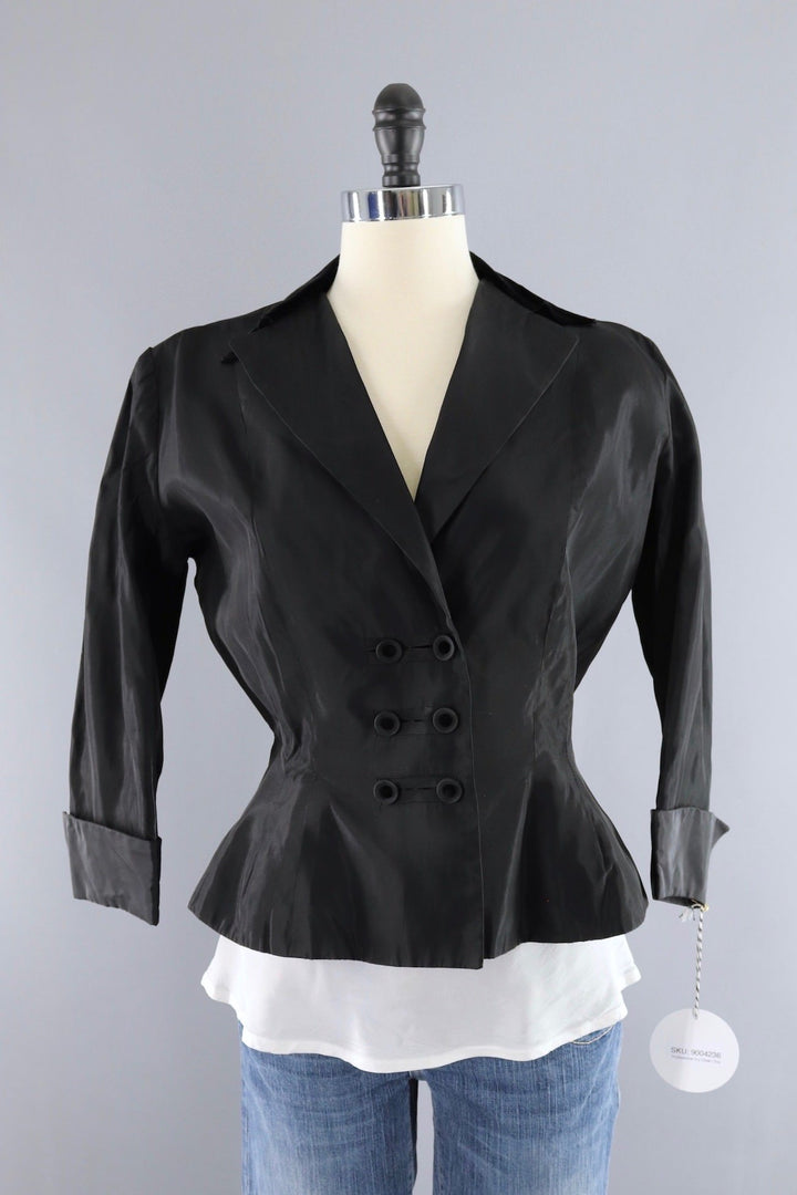 Vintage 1950s Cropped Black Taffeta Jacket - ThisBlueBird
