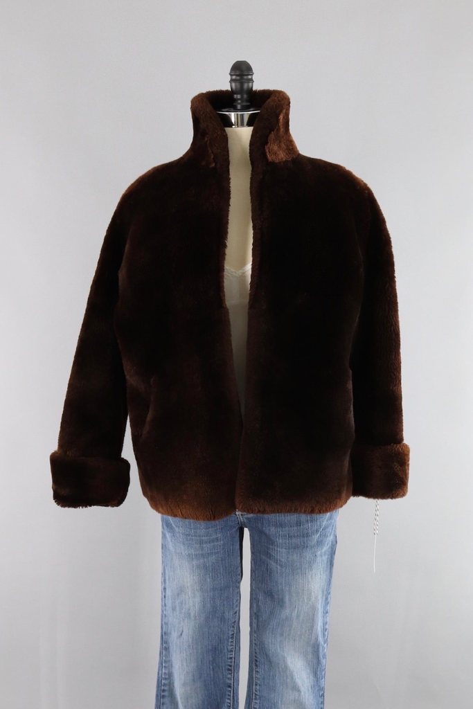 Vintage 1950s Dark Brown Mouton Lamb Sheared Fur Jacket - ThisBlueBird