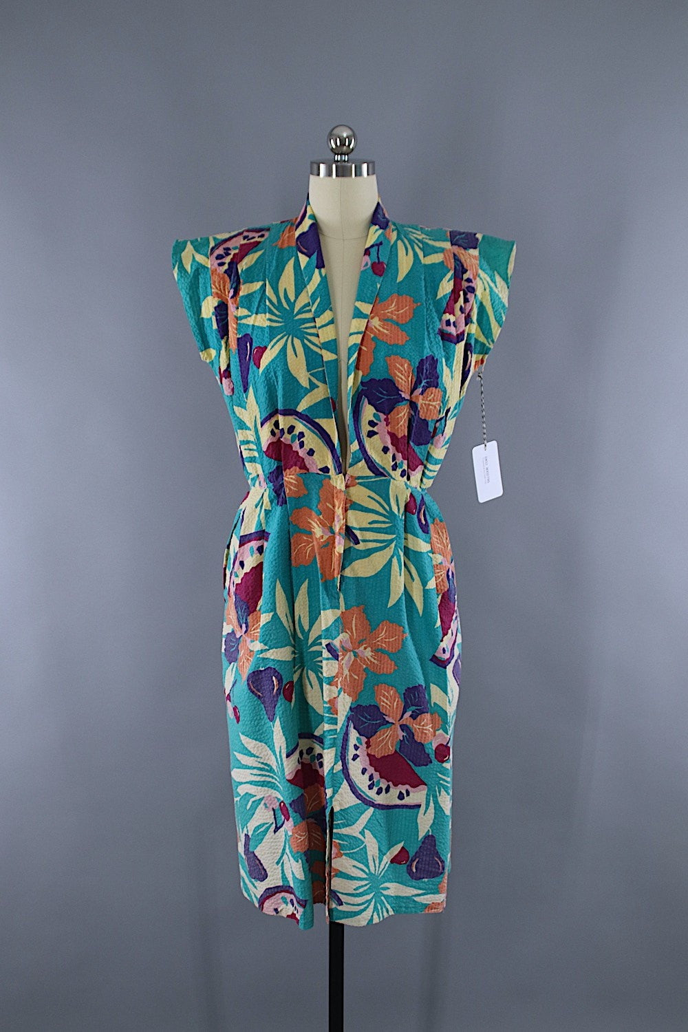 Vintage 1950s Day Dress / Aqua Green Floral Print Seersucker Cotton - ThisBlueBird