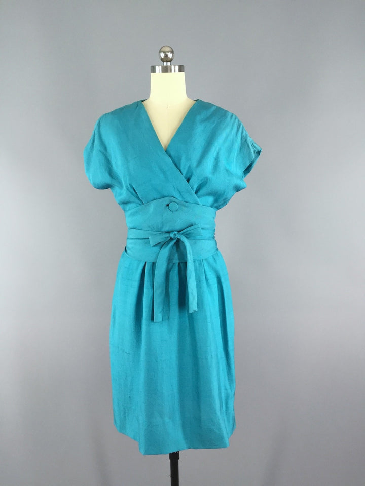 Vintage 1950s Day Dress / Blue Silk - ThisBlueBird