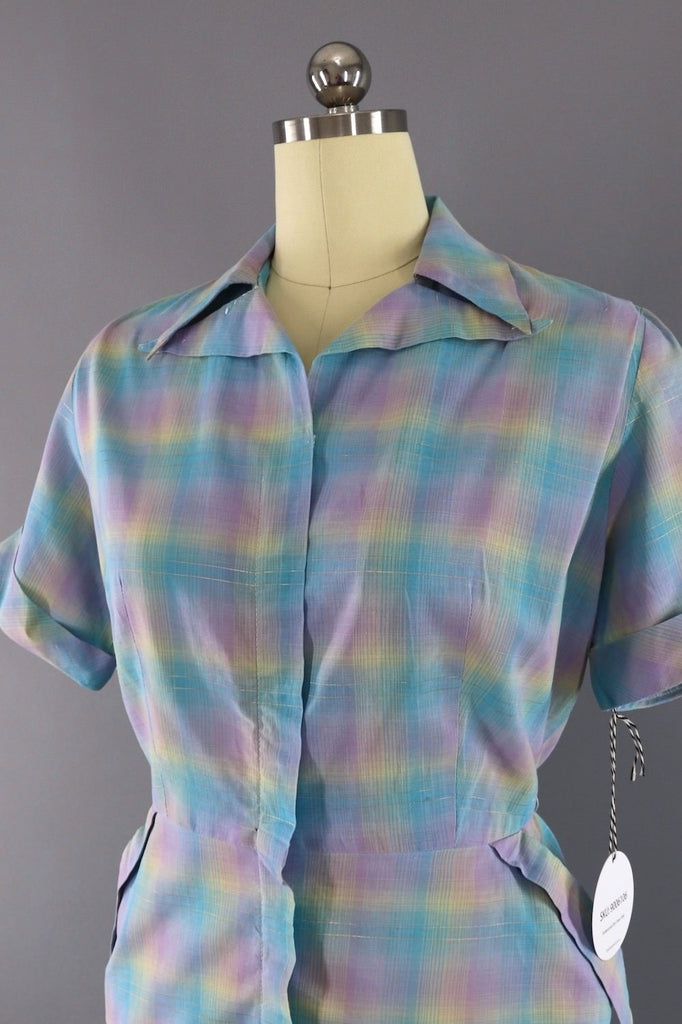 Vintage 1950s Day Dress / Pastel Plaid-ThisBlueBird - Modern Vintage