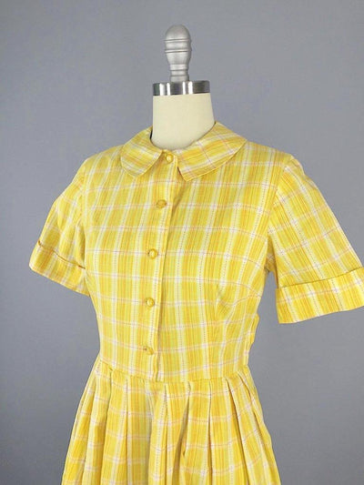 Vintage Yellow Plaid Cotton Dress-ThisBlueBird