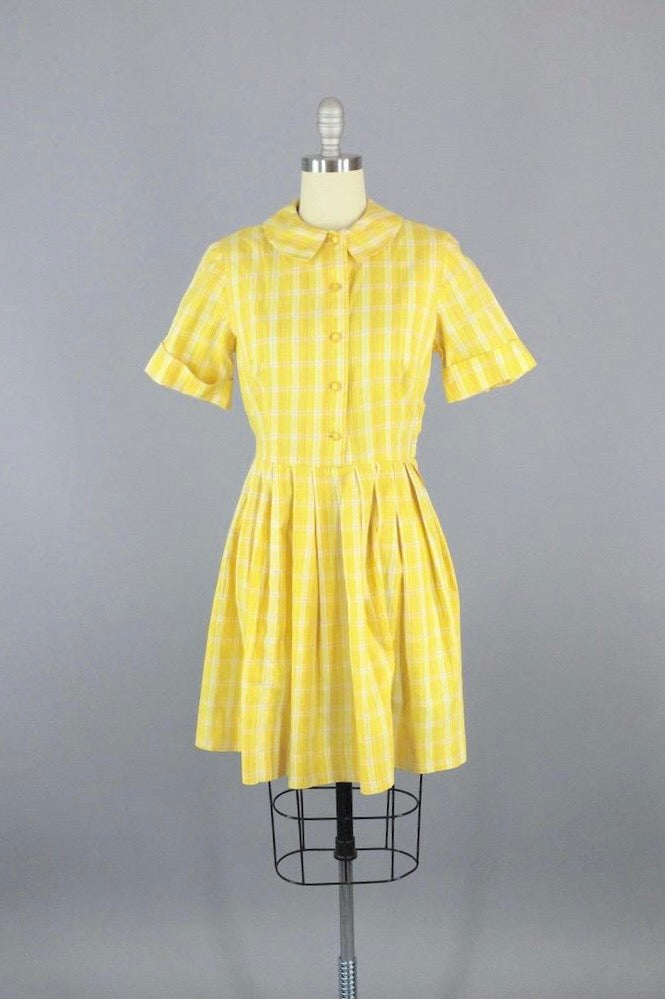 Vintage Yellow Plaid Cotton Dress-ThisBlueBird