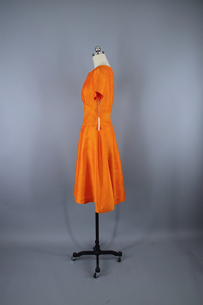 Vintage 1950s Dress / Bright Orange Thai Silk Shantung - ThisBlueBird