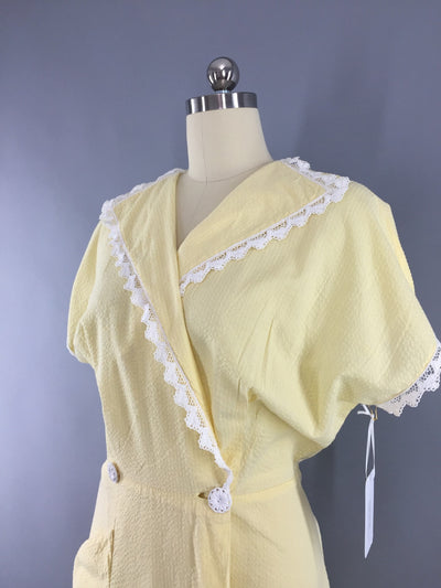 Vintage 1950s Dress / Yellow Seersucker Wrap Dress - ThisBlueBird