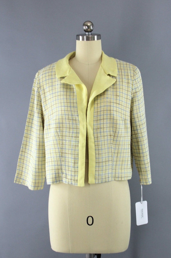 Vintage 1950s Edith Martin Yellow Plaid Linen Cropped Jacket - ThisBlueBird