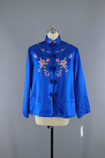 Vintage 1950s Embroidered Asian Jacket / Blue Silk Floral - ThisBlueBird