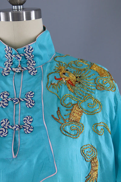 Vintage 1950s Embroidered Blue Satin Dragon Pajama Top - ThisBlueBird