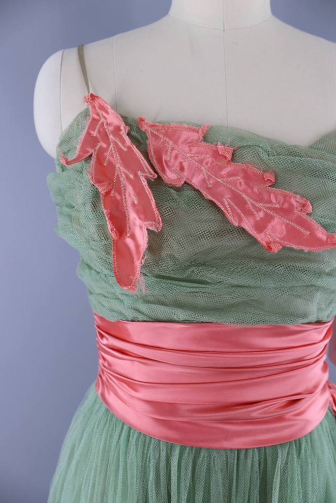 Vintage 1950s Formal Dress / Sage Green & Pink Satin Leaf Appliqu   ThisBlueBird