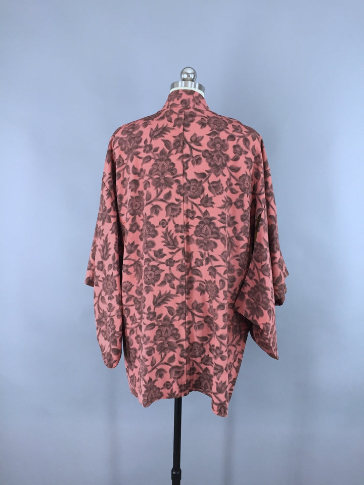 Vintage 1950s Haori Kimono Cardigan / Peach Pink Floral Print - ThisBlueBird