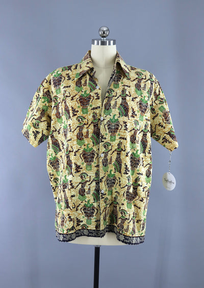 Vintage 1950s Hawaiian Polynesian Batik Print Shirt - ThisBlueBird