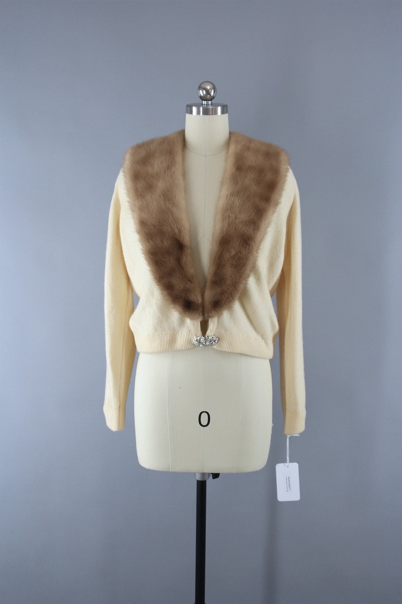 Vintage 1950s Ivory Cashmere Sweater with Fur Collar - ThisBlueBird