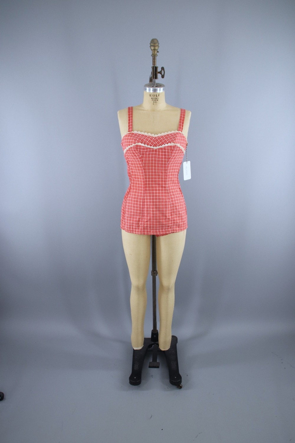 Vintage 1950s JANTZEN Swimsuit / Red Orange Plaid Gingham - ThisBlueBird