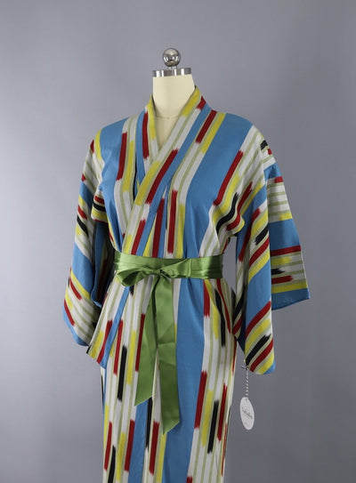 Vintage 1950s Kimono Robe / Blue Ikat Stripes - ThisBlueBird