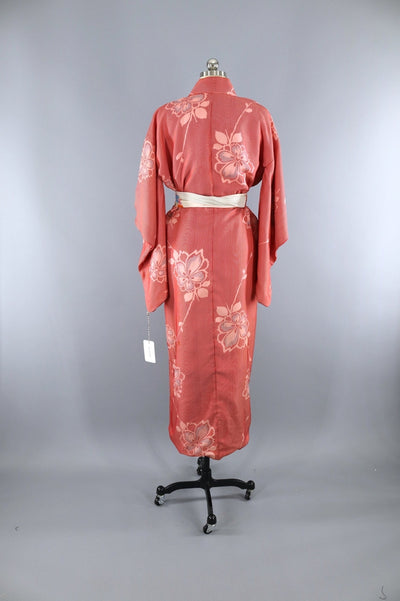 Vintage 1950s Kimono Robe / Red & Ivory Floral Stripes - ThisBlueBird